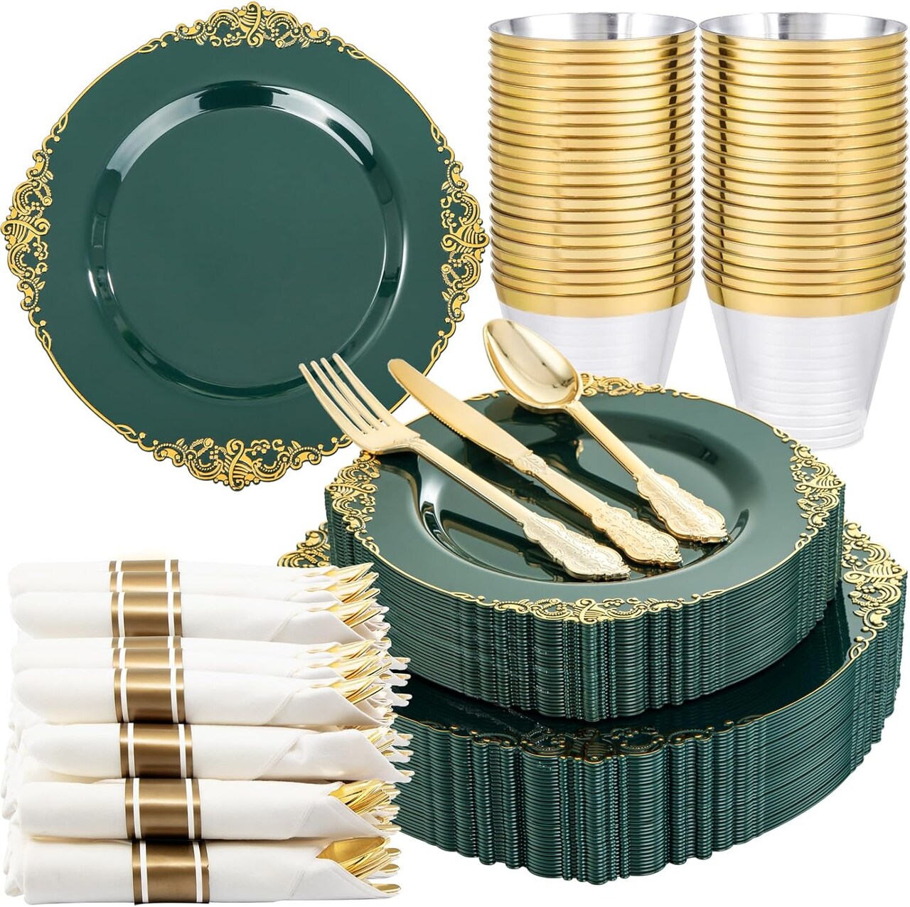 175PCS Black & Gold Disposable Dinnerware Set – Serves 25 Guests for Parties & Special Occasions